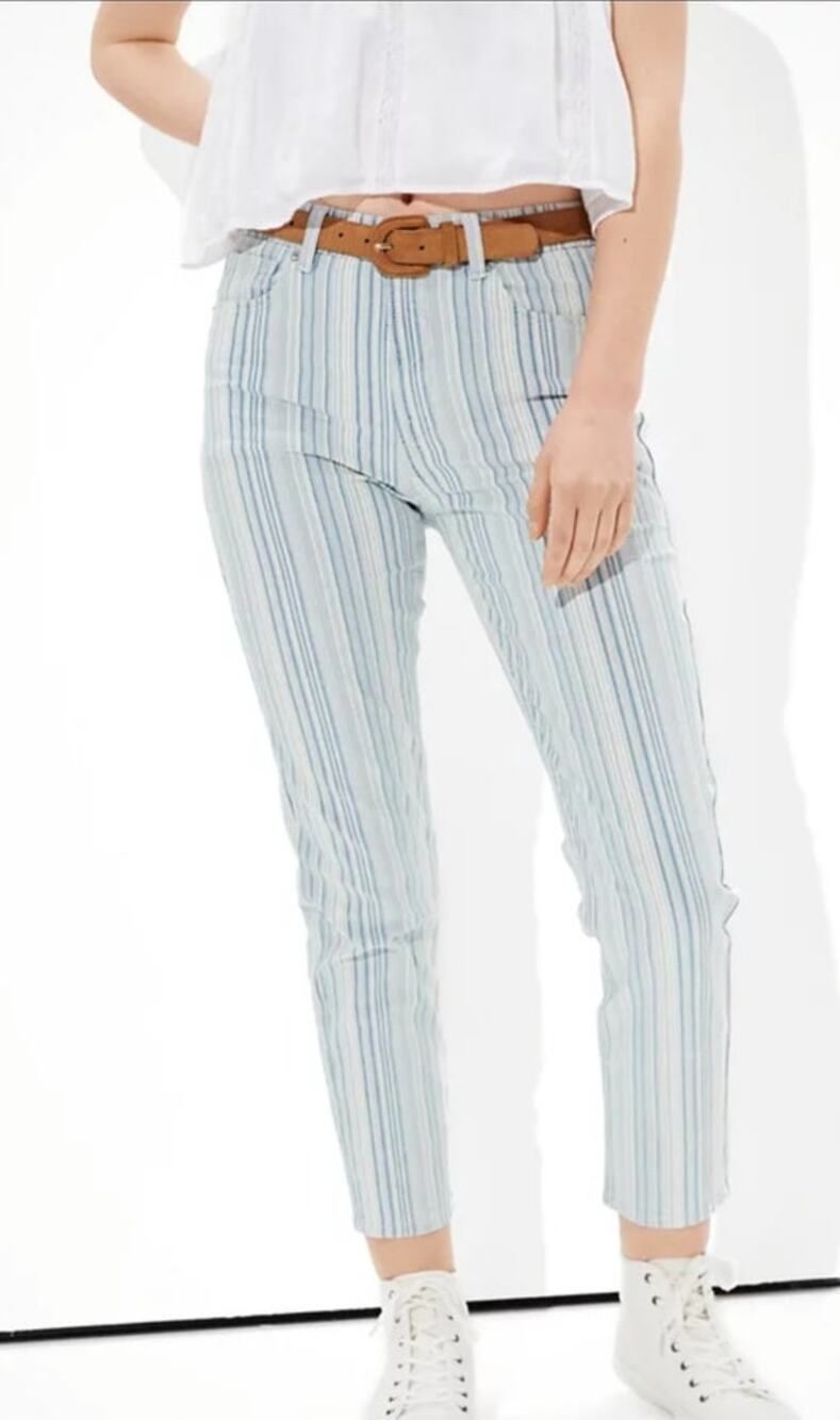 American Eagle AE High Waisted Stretch Mom Jeans Striped Blue White Size 0 Reg